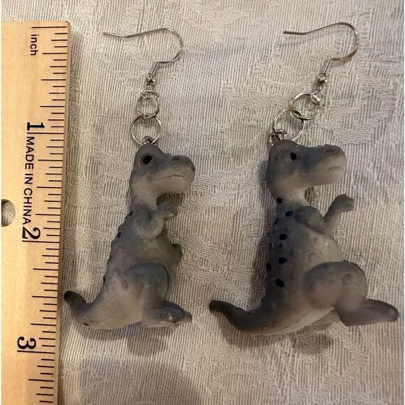Earrings Pierced Dinosaur Silver Dangly Exaggerated Handmade Costume Jewelry - Picture 3 of 9